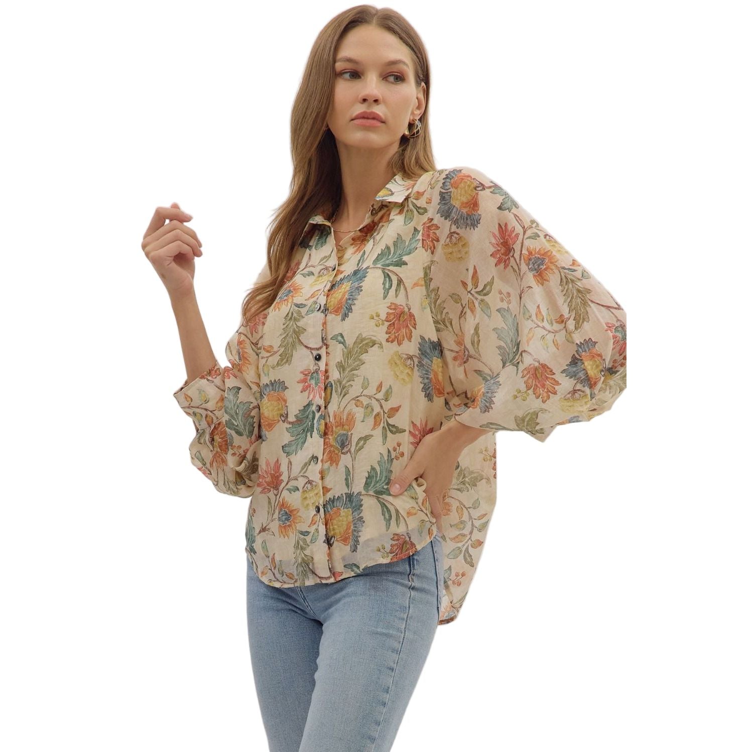 Women's Entro Floral Print 3/4 Sleeve Button Down Top T29041