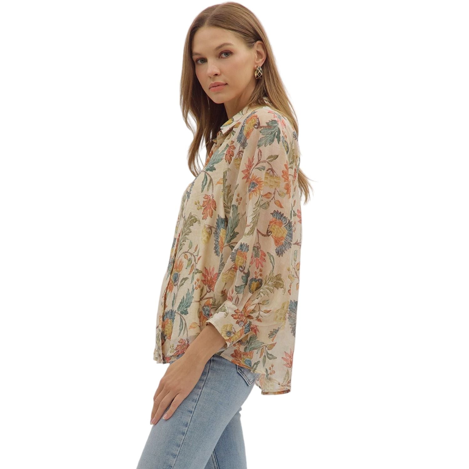 Women's Entro Floral Print 3/4 Sleeve Button Down Top T29041