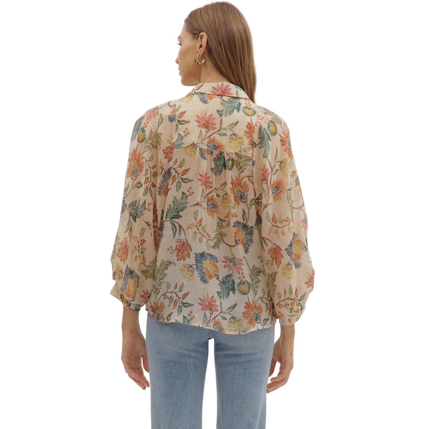Women's Entro Floral Print 3/4 Sleeve Button Down Top T29041