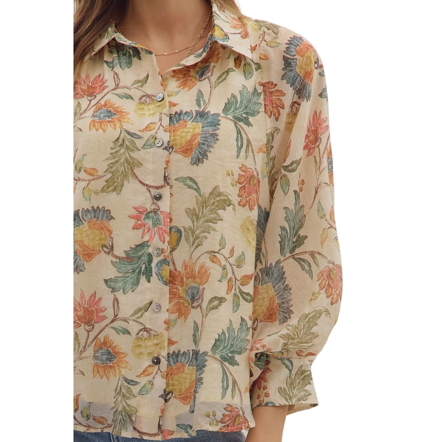 Women's Entro Floral Print 3/4 Sleeve Button Down Top T29041