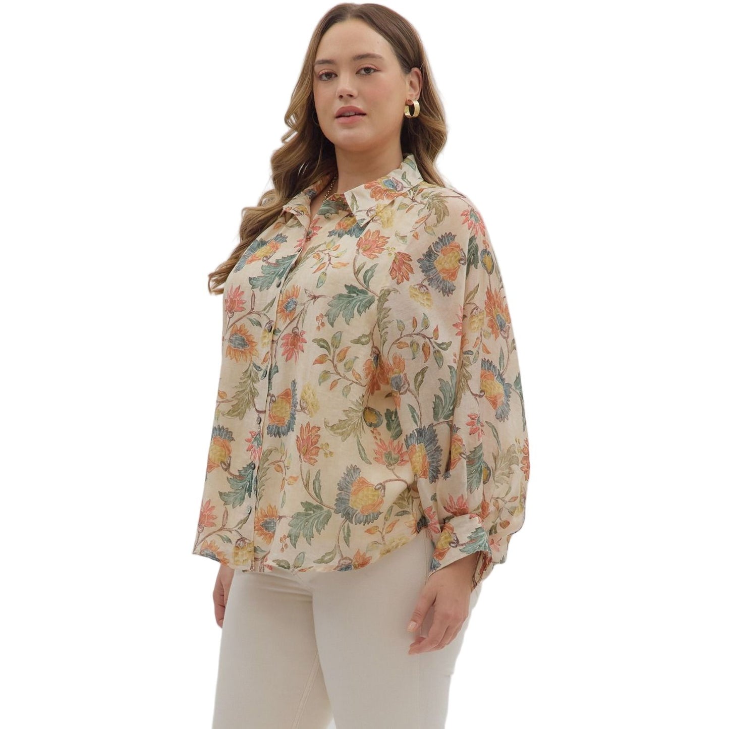 Women's Entro Floral Print Long Sleeve Button Down 