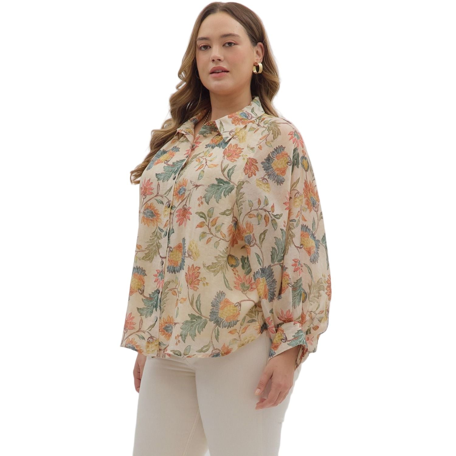 Women's Entro Floral Print Long Sleeve Button Down 