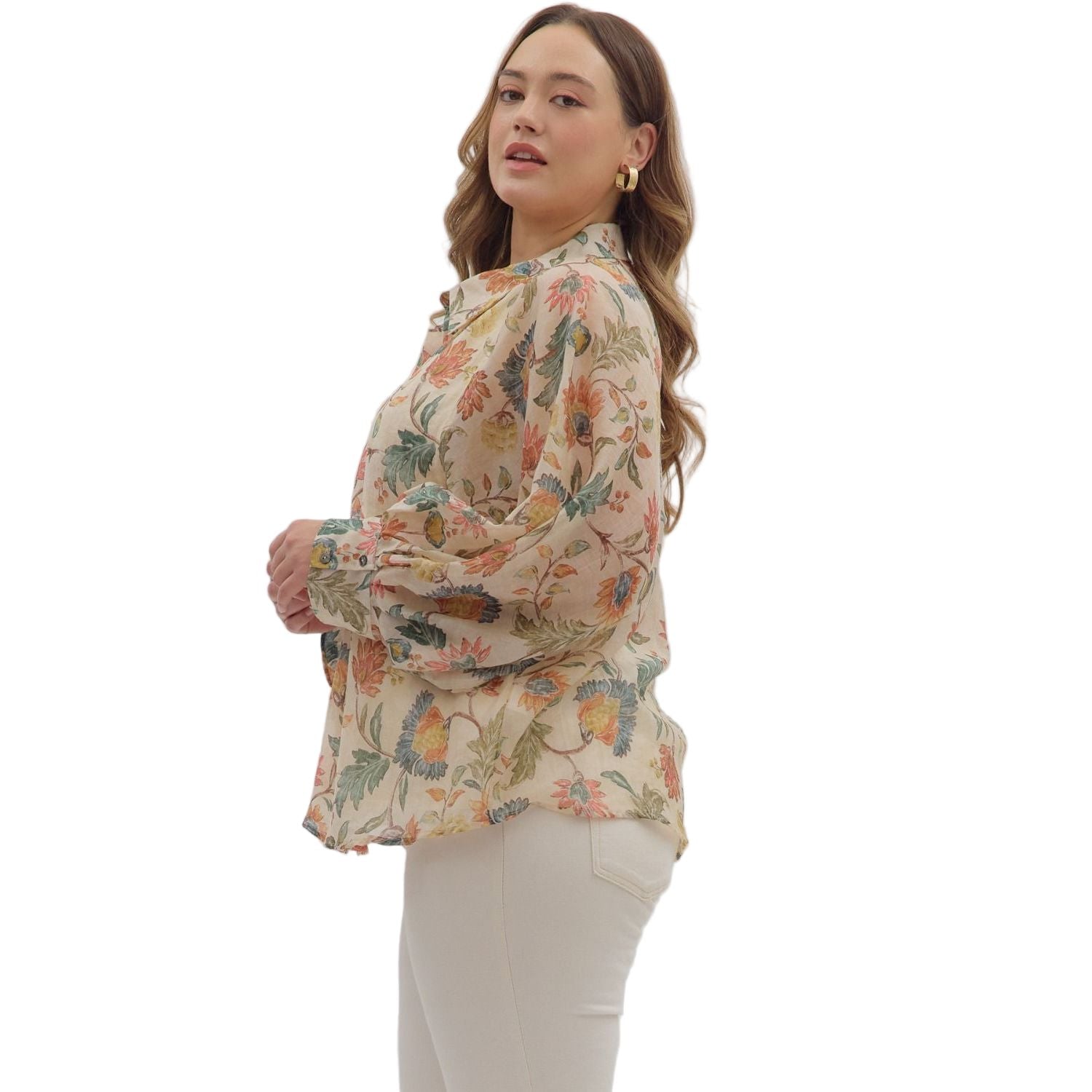Women's Entro Floral Print Long Sleeve Button Down 