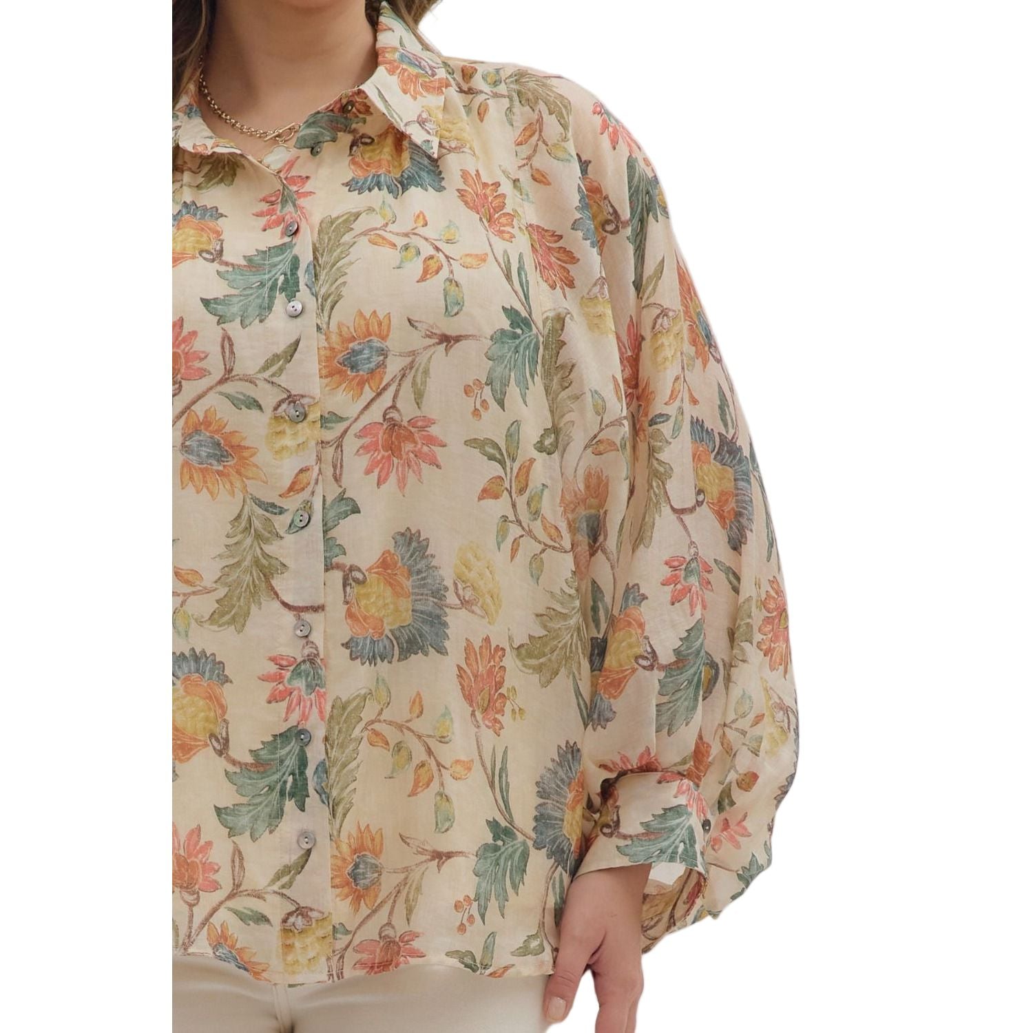 Women's Entro Floral Print Long Sleeve Button Down 