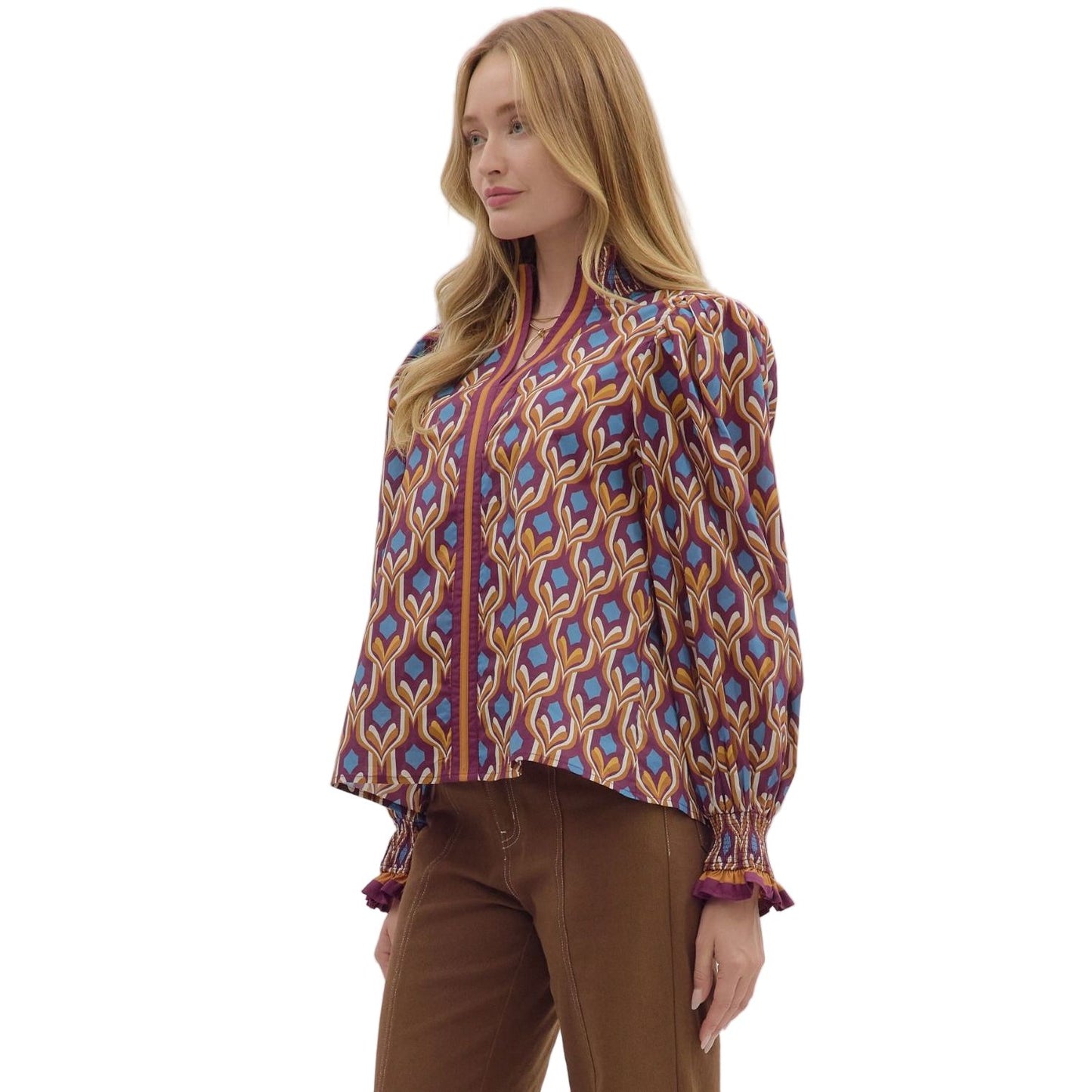 Women's Entro Geometric Print Long Sleeve Blouse 