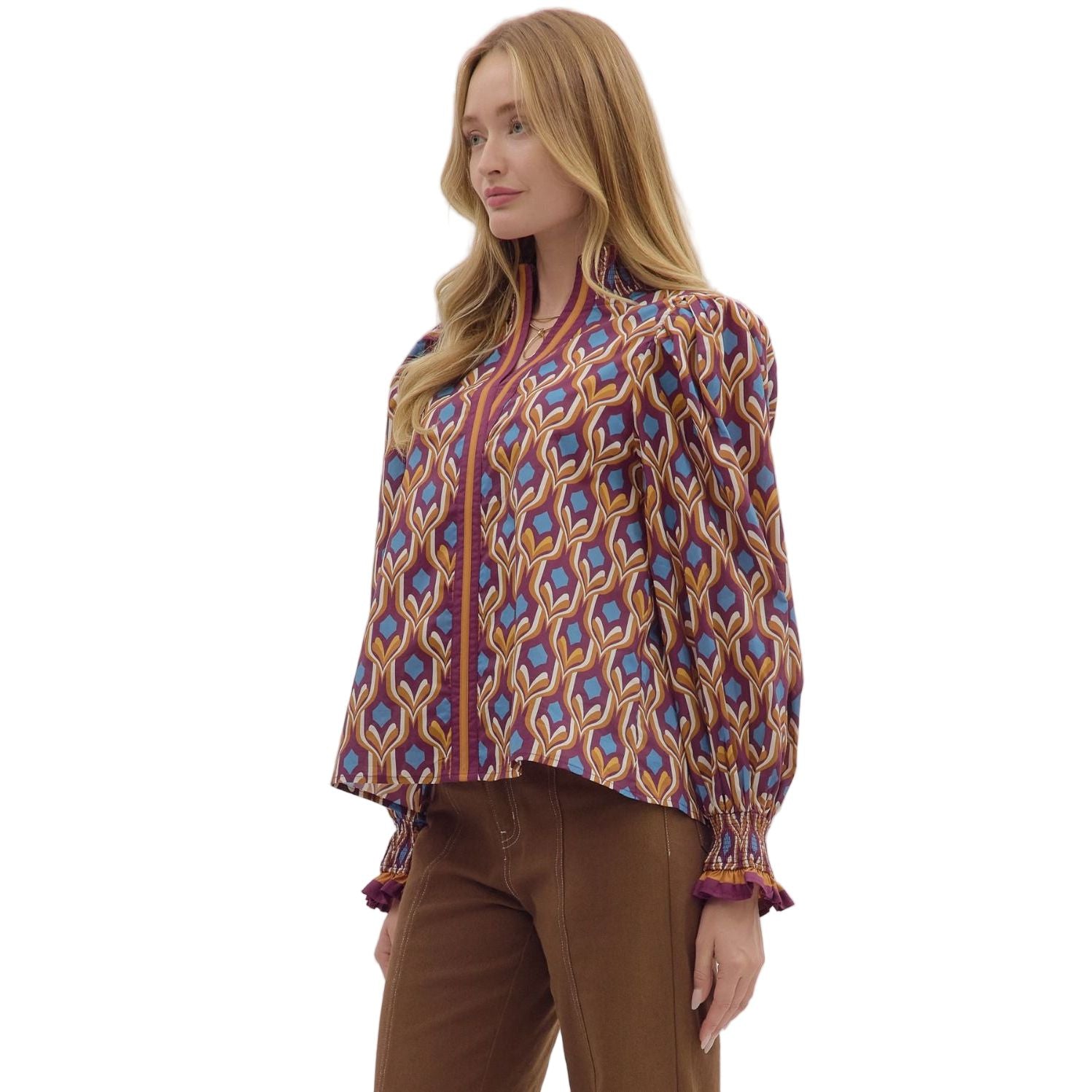Women's Entro Geometric Print Long Sleeve Blouse 