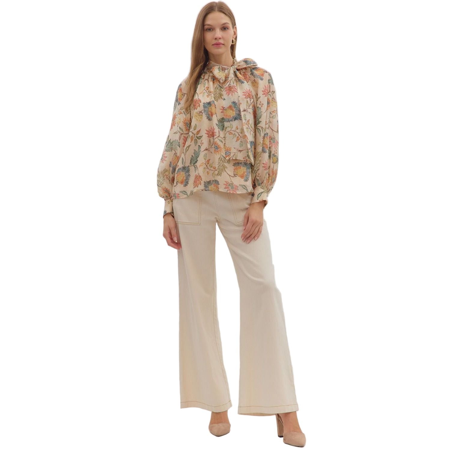 Women's Entro Floral Print Long Sleeve Bow Tie Blouse T29264