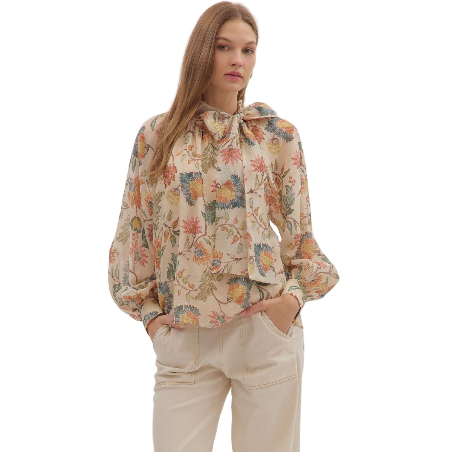 Women's Entro Floral Print Long Sleeve Bow Tie Blouse T29264