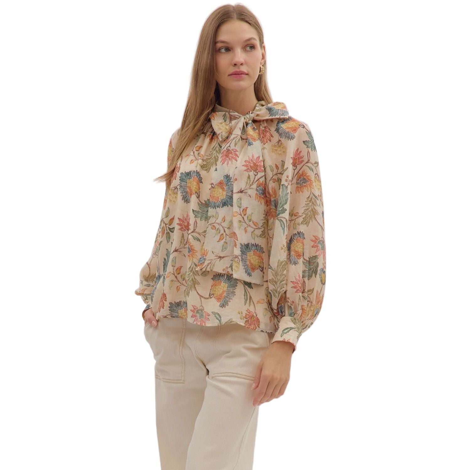 Women's Entro Floral Print Long Sleeve Bow Tie Blouse T29264