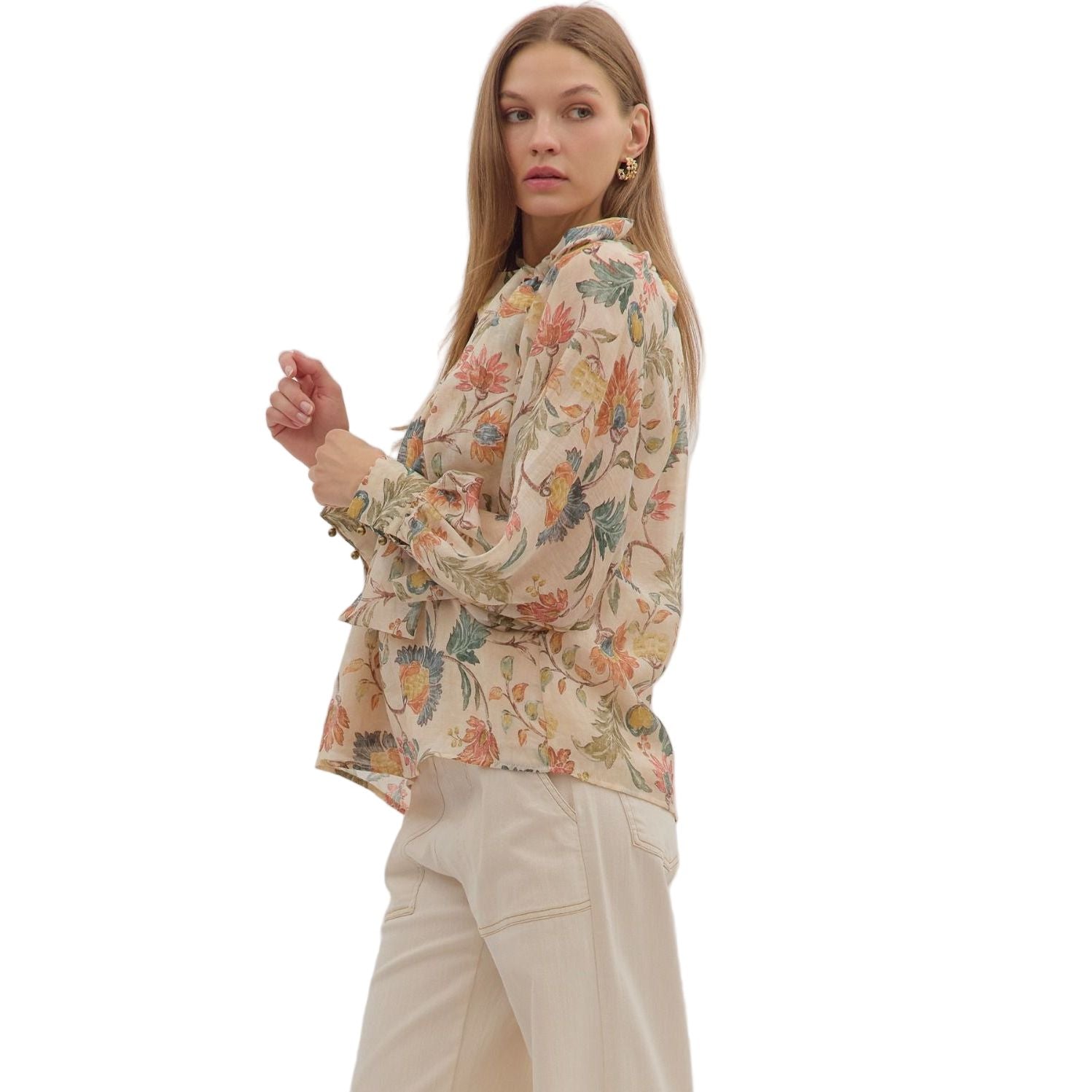 Women's Entro Floral Print Long Sleeve Bow Tie Blouse T29264