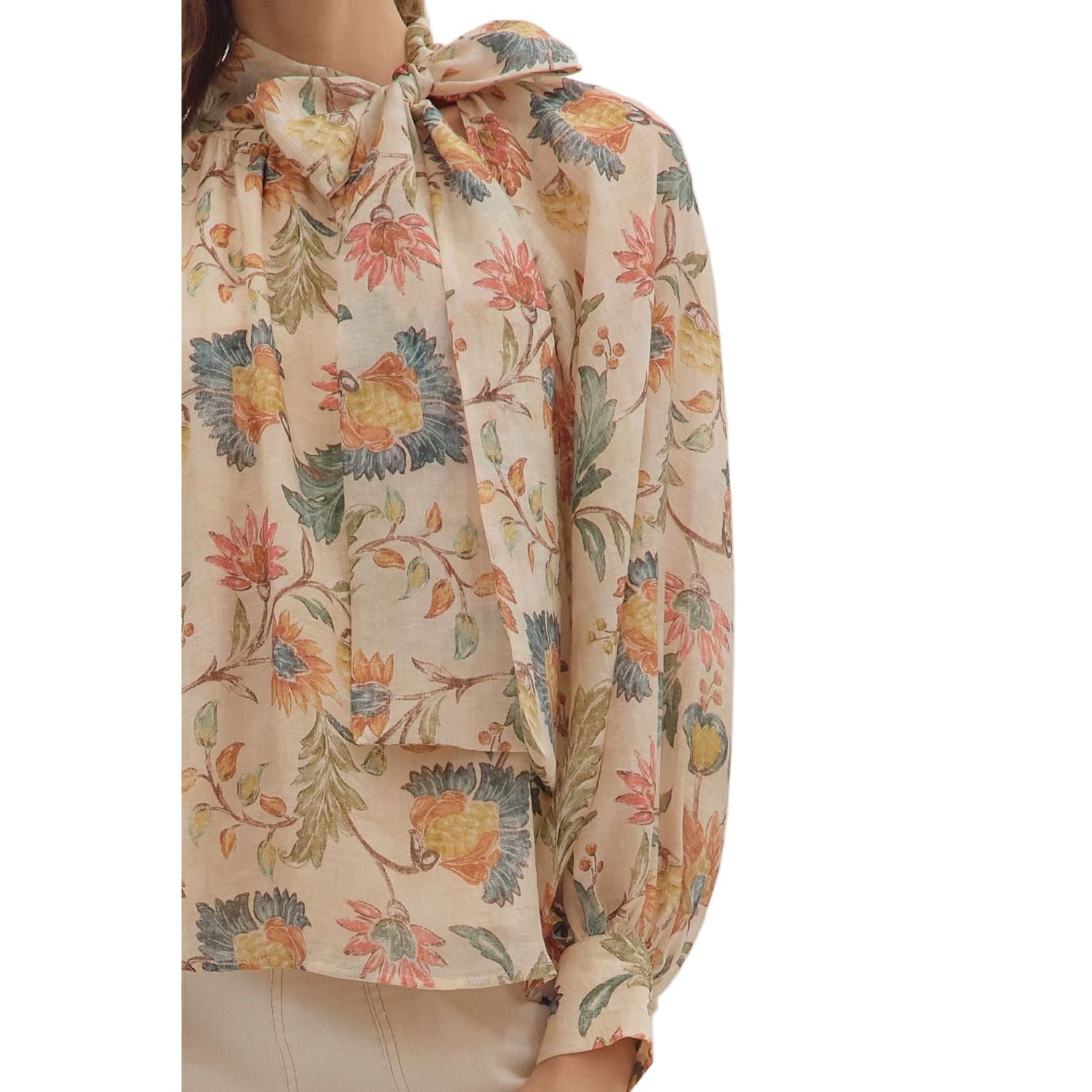 Women's Entro Floral Print Long Sleeve Bow Tie Blouse T29264