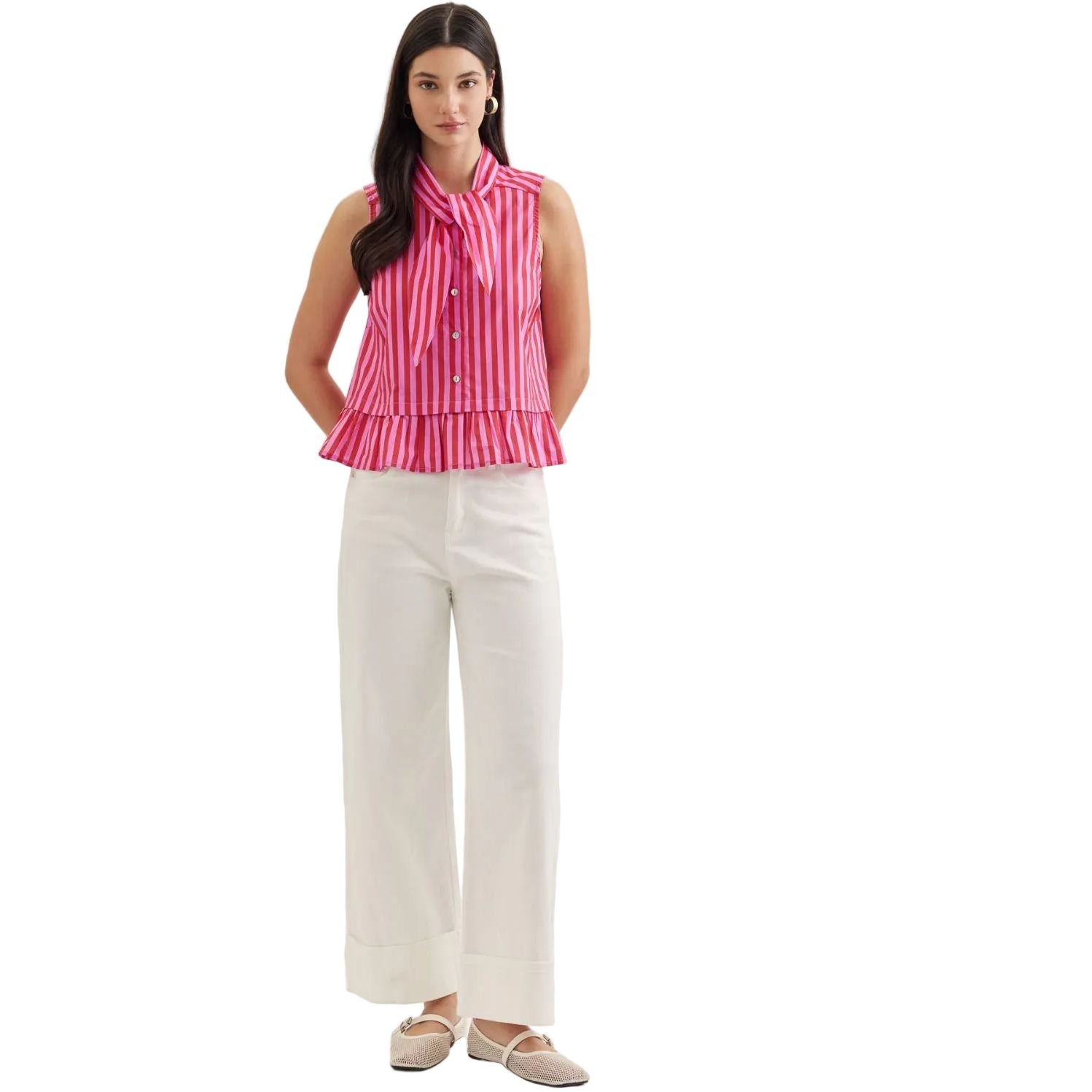 Women's Entro Pink and Red Striped Sleeveless Button Up Top T30620