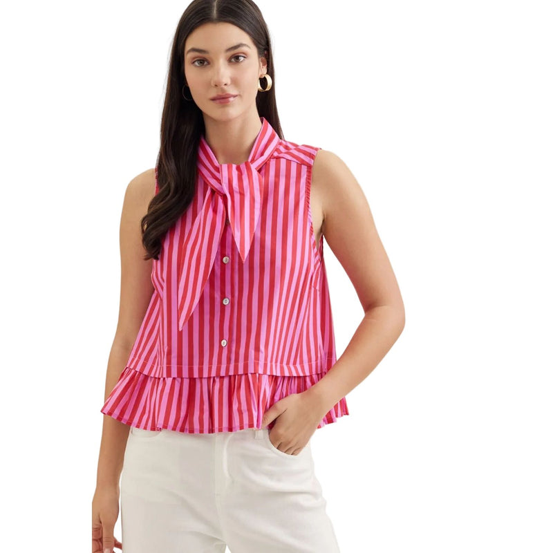 Women's Entro Pink and Red Striped Sleeveless Button Up Top T30620