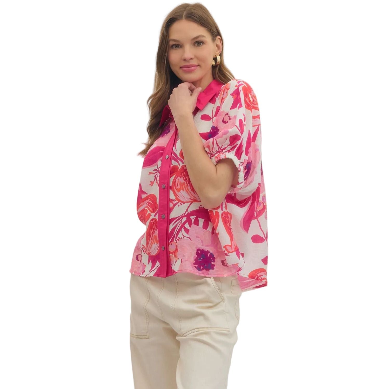 Women's Entro Fuchsia Floral Short Sleeve Button Up Blouse T30783