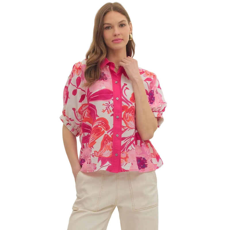 Women's Entro Fuchsia Floral Short Sleeve Button Up Blouse T30783