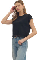 Entro Women's Black Sweater Knit Top with Lace Trim