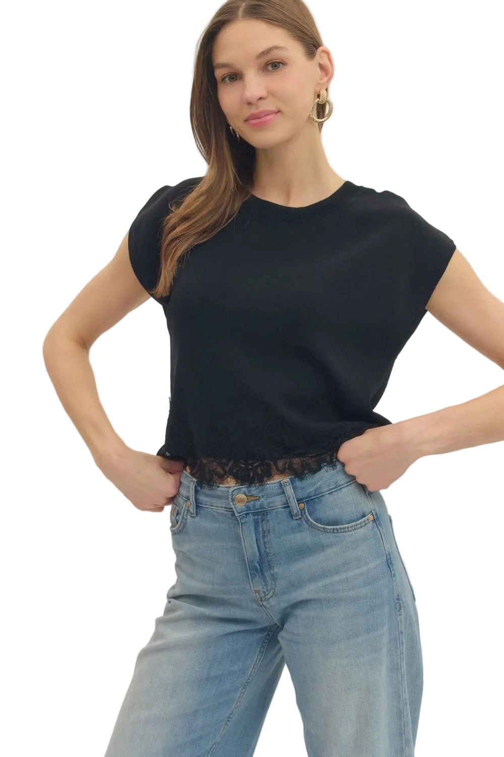 Entro Women's Black Sweater Knit Top with Lace Trim