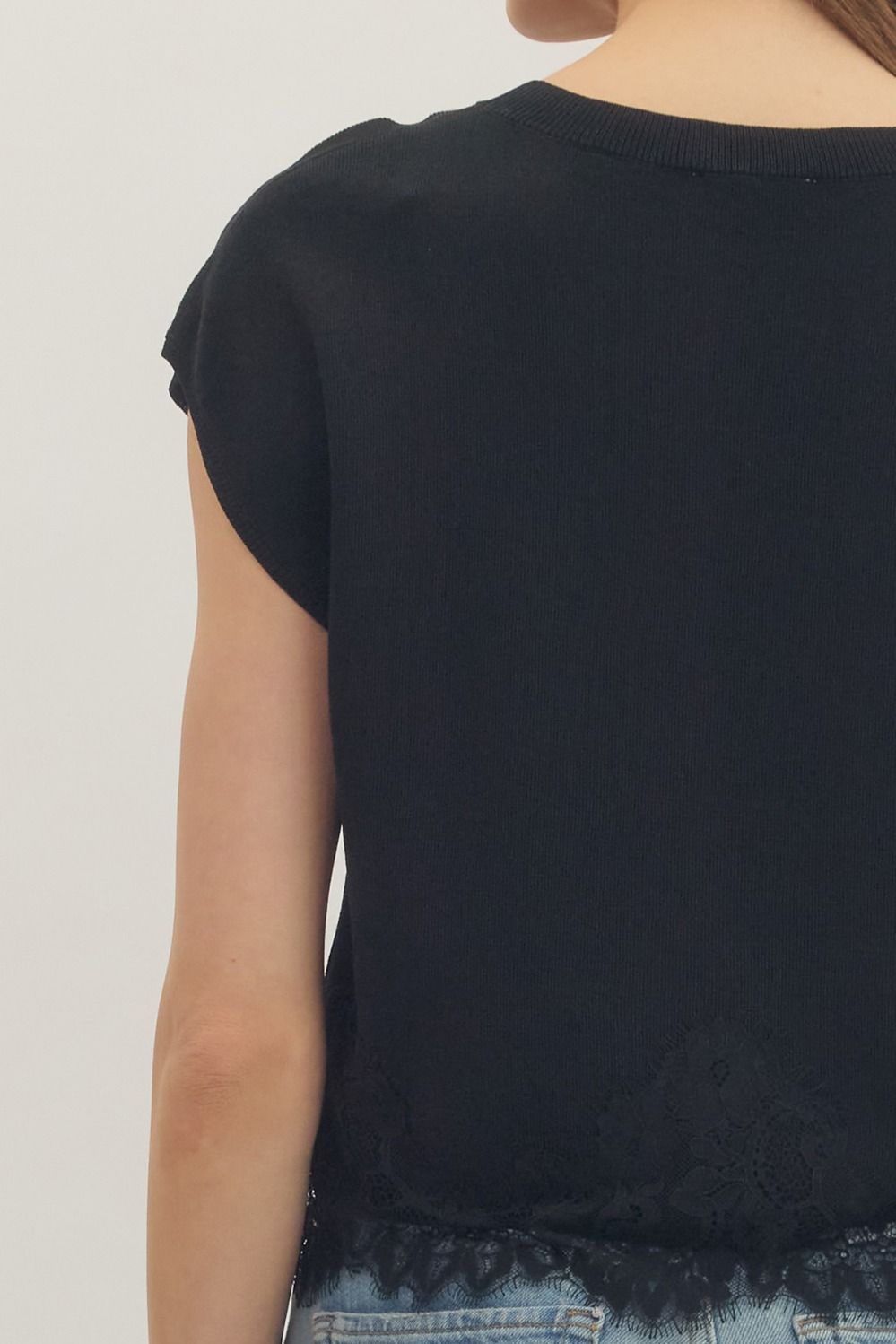 Entro Women's Black Sweater Knit Top with Lace Trim