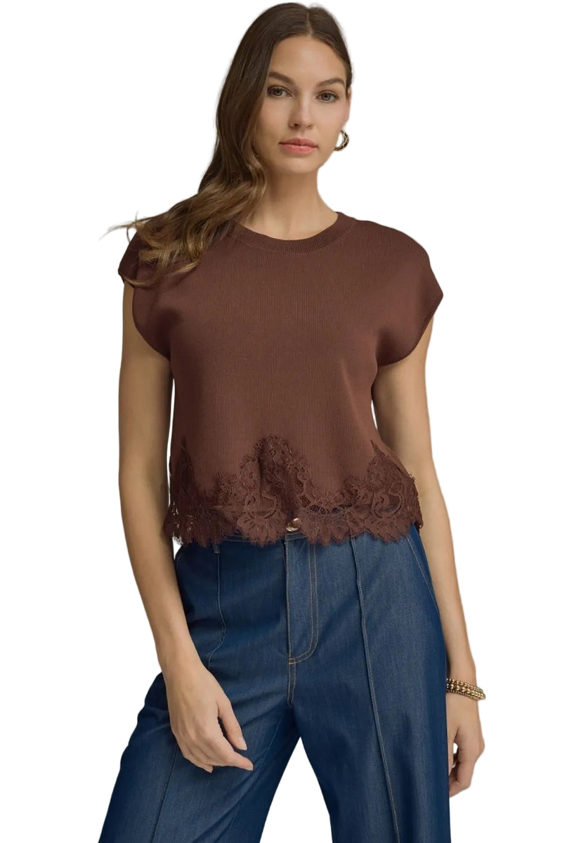 Entro Women's Brown Solid Sweater Knit Top with Lace Trim 