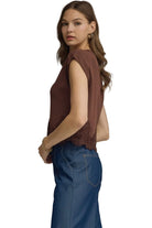 Entro Women's Brown Solid Sweater Knit Top with Lace Trim 