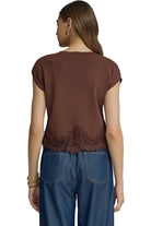 Entro Women's Brown Solid Sweater Knit Top with Lace Trim 