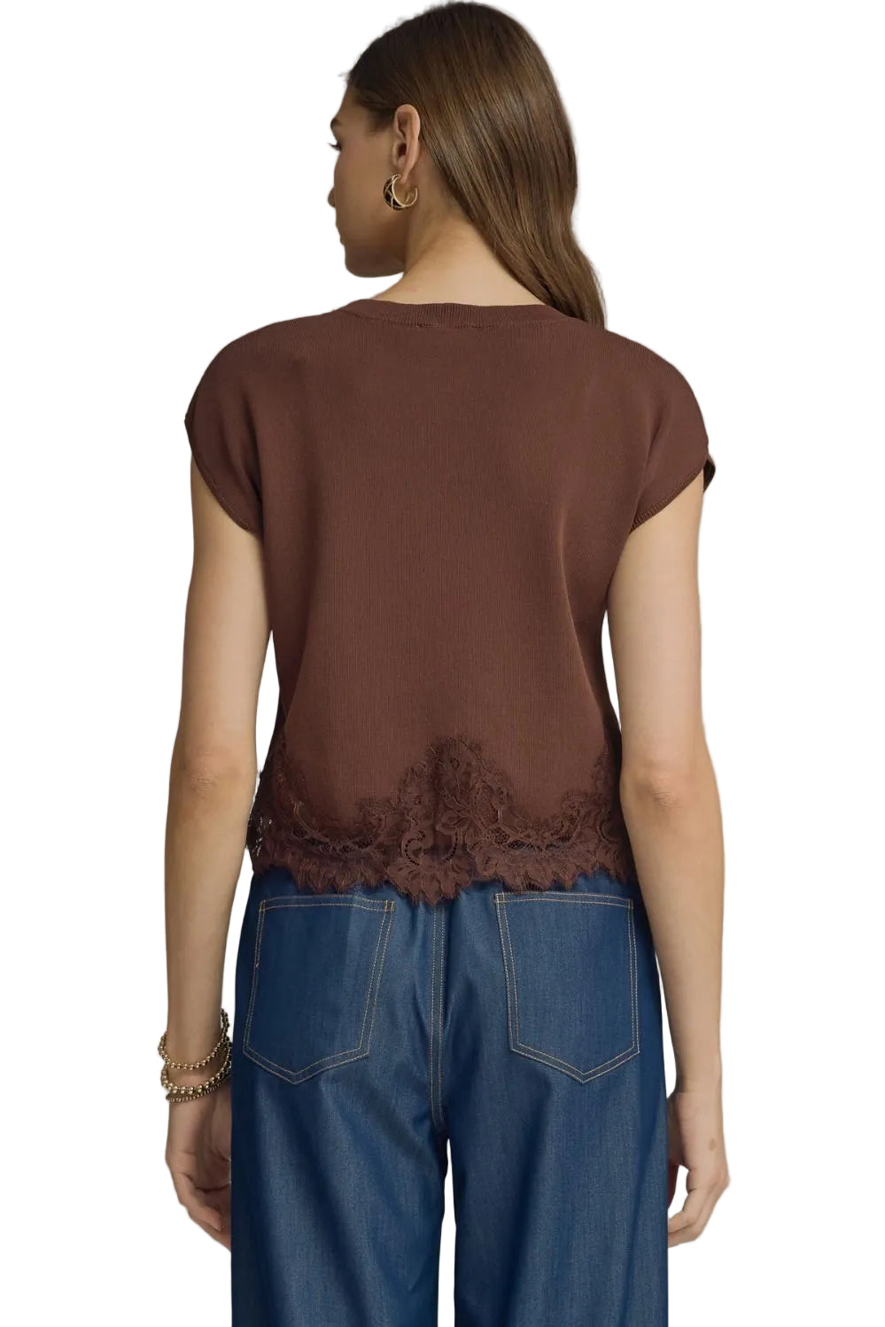 Entro Women's Brown Solid Sweater Knit Top with Lace Trim 