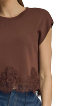 Entro Women's Brown Solid Sweater Knit Top with Lace Trim 