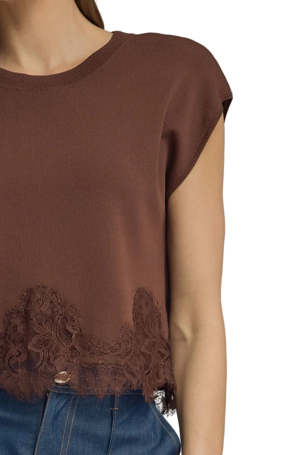 Entro Women's Brown Solid Sweater Knit Top with Lace Trim 