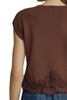 Entro Women's Brown Solid Sweater Knit Top with Lace Trim 