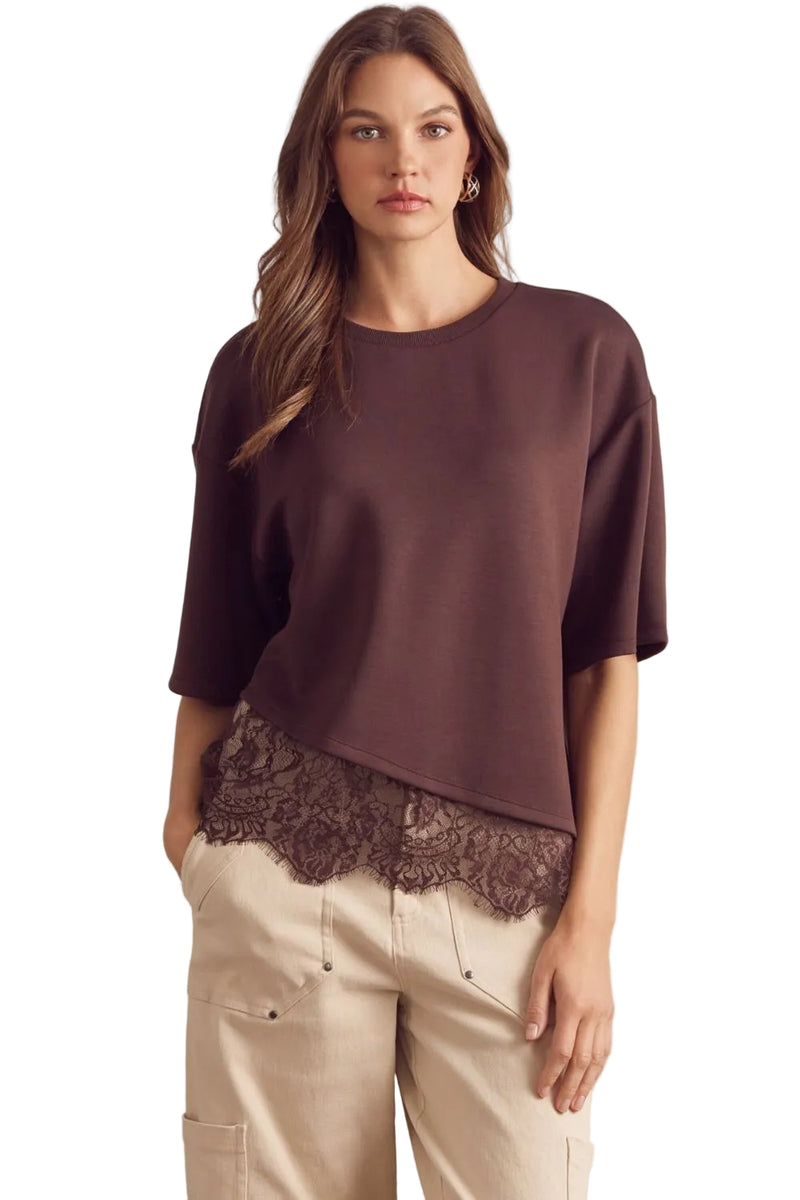 Entro Women's Brown Solid Short Sleeve Top with Lace Trim 
