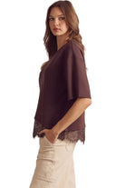 Entro Women's Brown Solid Short Sleeve Top with Lace Trim 