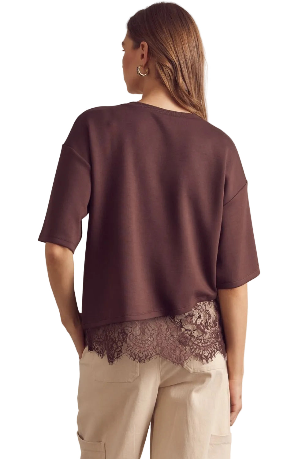 Entro Women's Brown Solid Short Sleeve Top with Lace Trim 