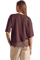 Entro Women's Brown Solid Short Sleeve Top with Lace Trim 