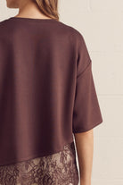 Entro Women's Brown Solid Short Sleeve Top with Lace Trim 
