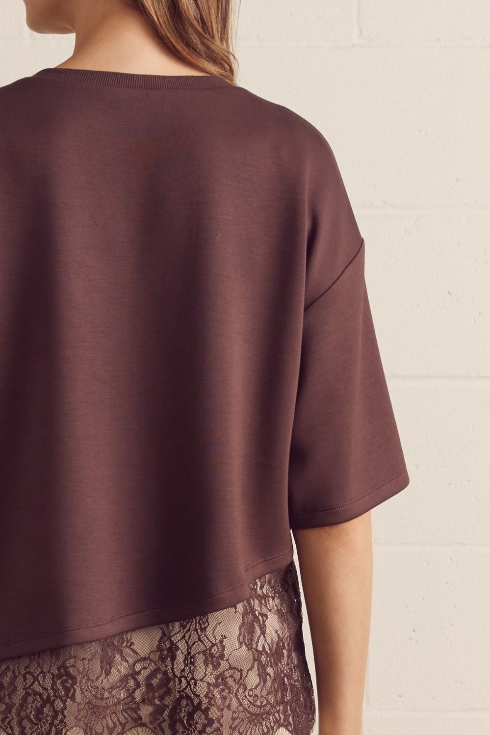 Entro Women's Brown Solid Short Sleeve Top with Lace Trim 