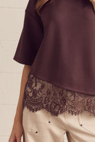 Entro Women's Brown Solid Short Sleeve Top with Lace Trim 