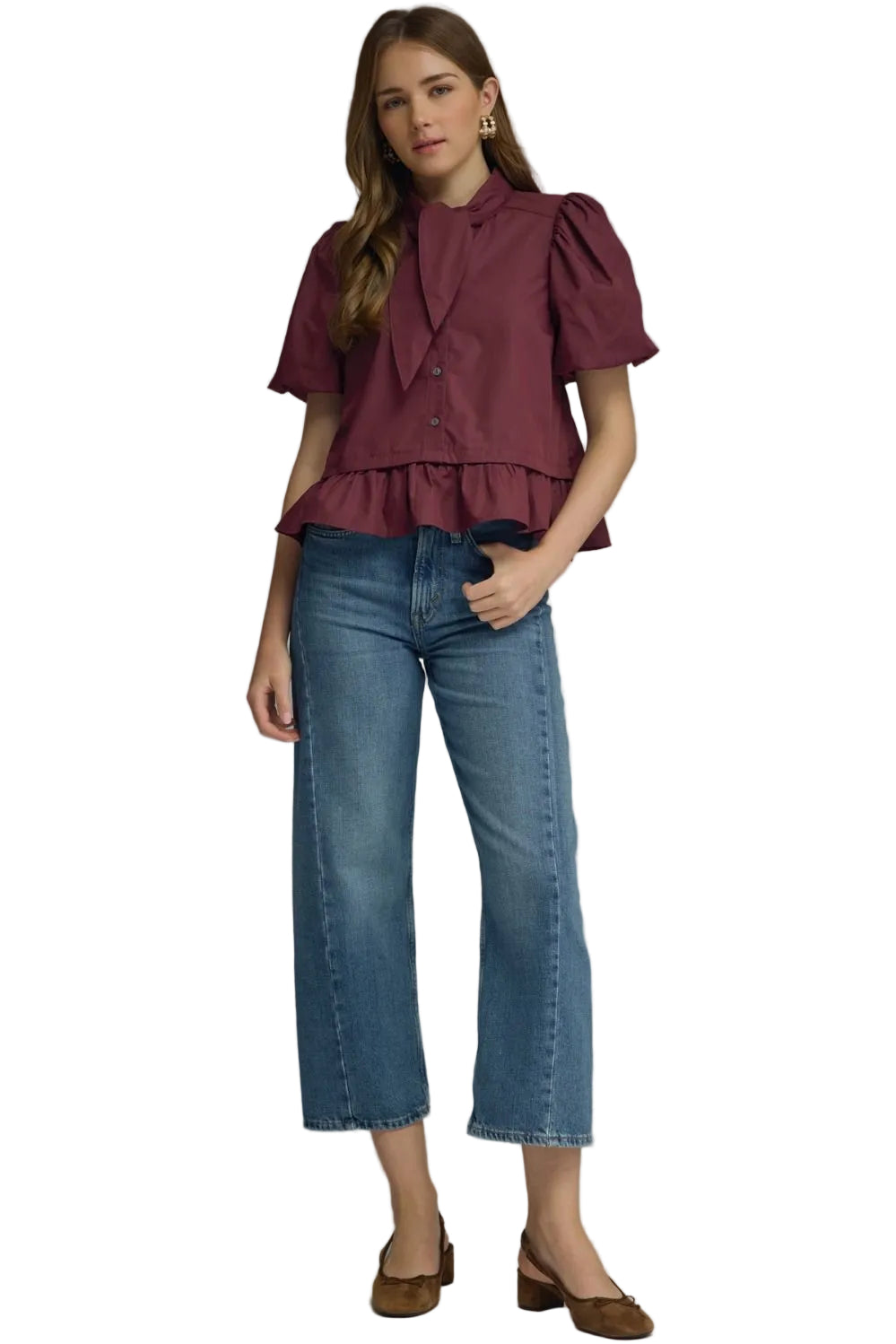 Entro Women's Burgundy Short Puff Sleeve Top 