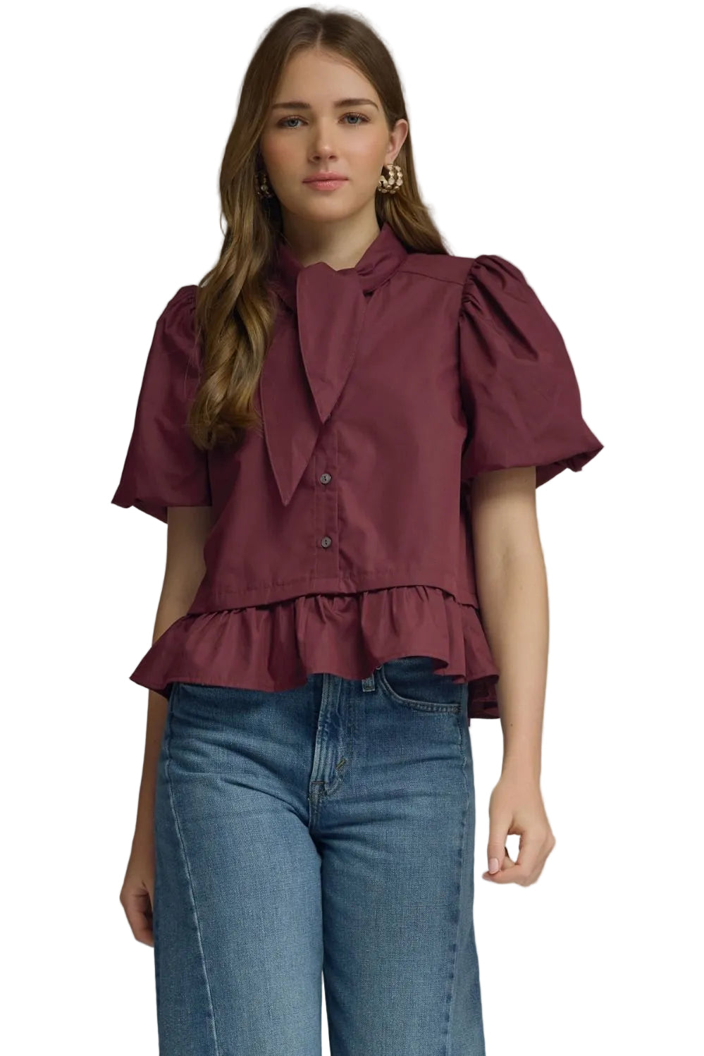 Entro Women's Burgundy Short Puff Sleeve Top 
