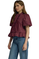 Entro Women's Burgundy Short Puff Sleeve Top 