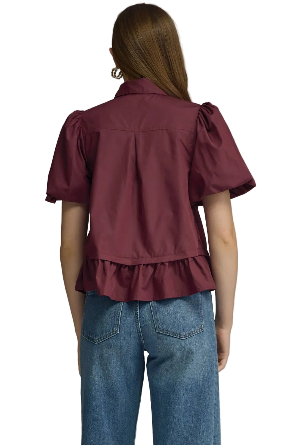 Entro Women's Burgundy Short Puff Sleeve Top 