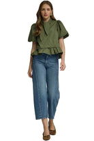 Entro Women's Olive Short Puff Sleeve Blouse 