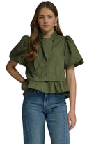 Entro Women's Olive Short Puff Sleeve Blouse 