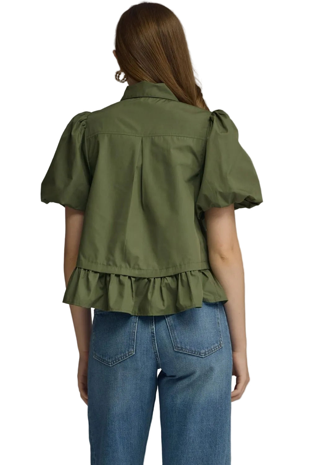 Entro Women's Olive Short Puff Sleeve Blouse 