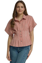 Entro women's Short Sleeve Gingham Red Check Top T32569