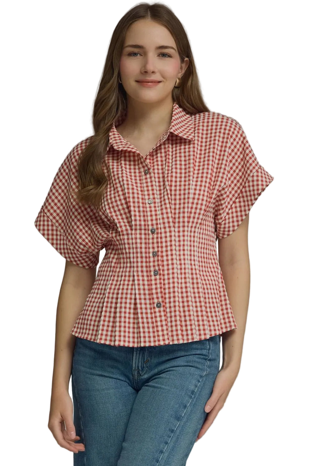 Entro women's Short Sleeve Gingham Red Check Top T32569