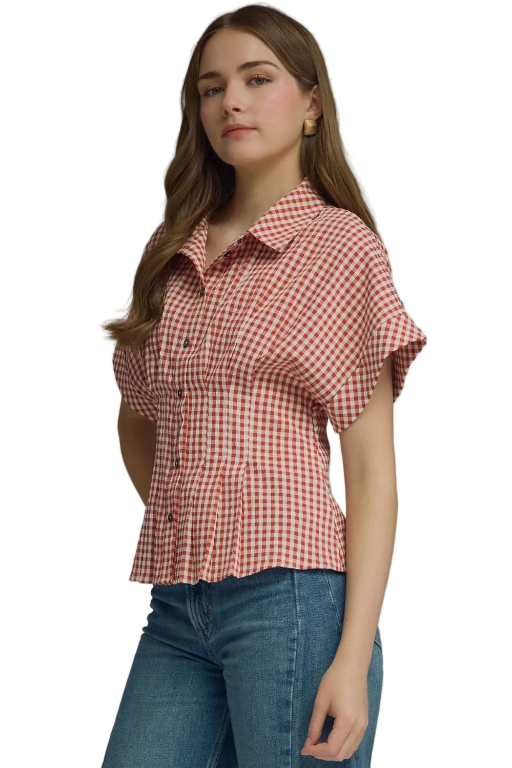 Entro women's Short Sleeve Gingham Red Check Top T32569