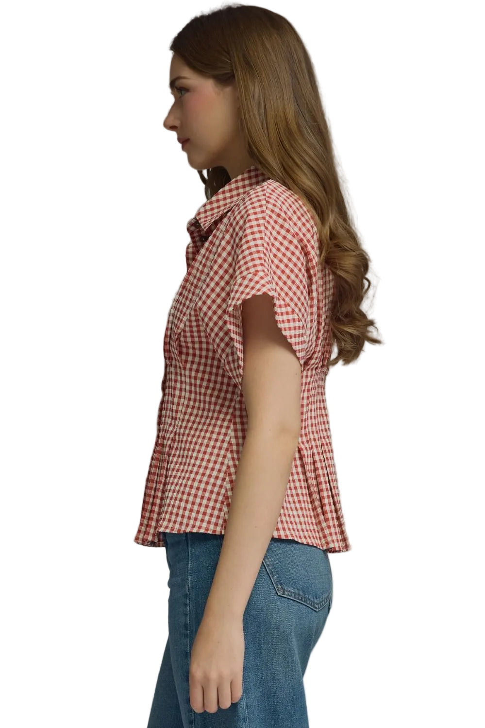 Entro women's Short Sleeve Gingham Red Check Top T32569