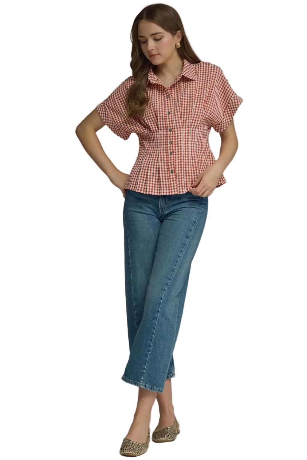 Entro women's Short Sleeve Gingham Red Check Top T32569