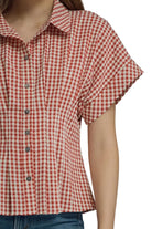 Entro women's Short Sleeve Gingham Red Check Top T32569
