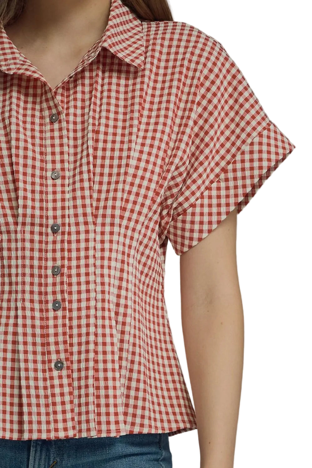 Entro women's Short Sleeve Gingham Red Check Top T32569